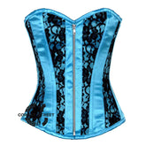 Baby Blue Satin With Black Net Front Zipper Gothic Overbust Burlesque Corset